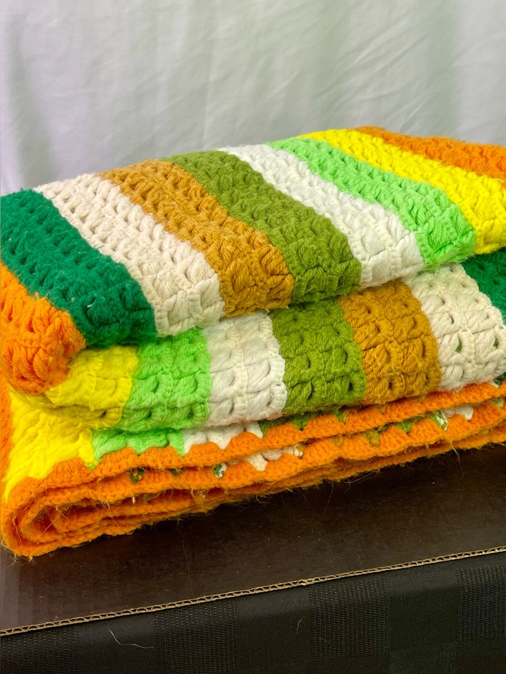 Vintage Handmade Striped Crochet Afghan in Greens, Yellow, Brown, White & Orange